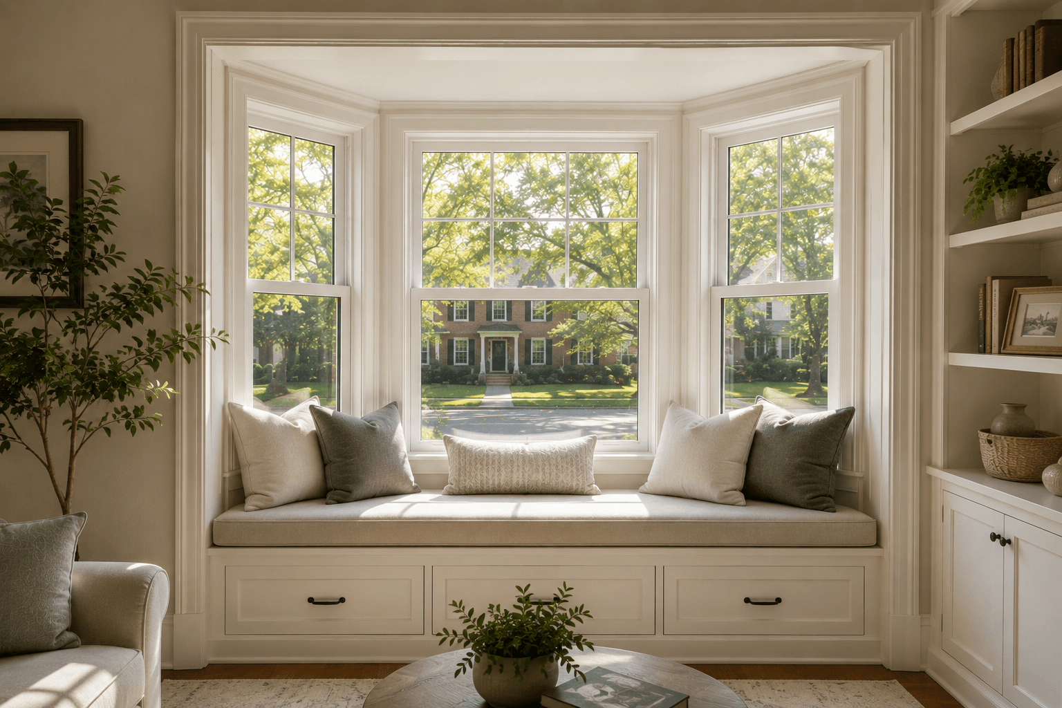 Pond Roofing Bay window installation with interior window seat in Northern Virginia home