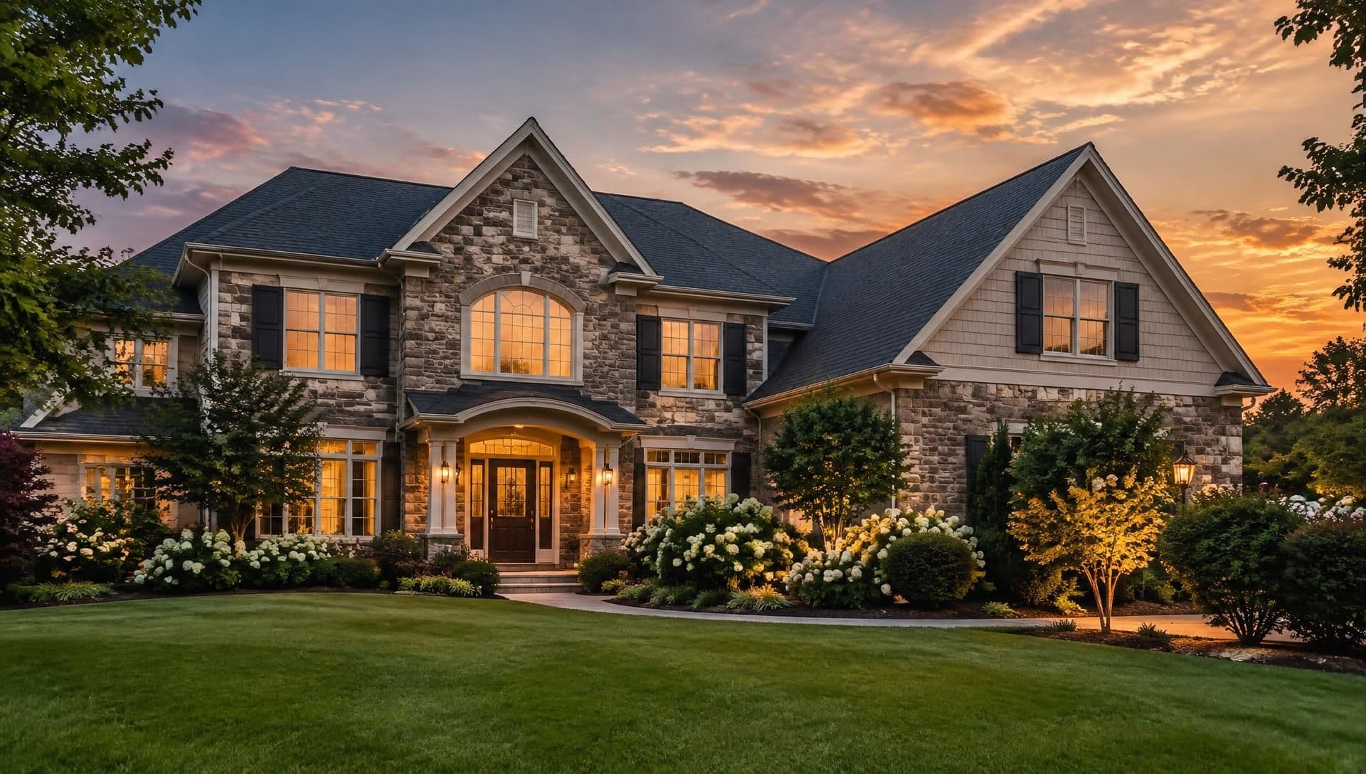 Two-story stone and siding house with lit windows at dusk, arched entryway, manicured lawn, and landscaped shrubs under golden sunset sky