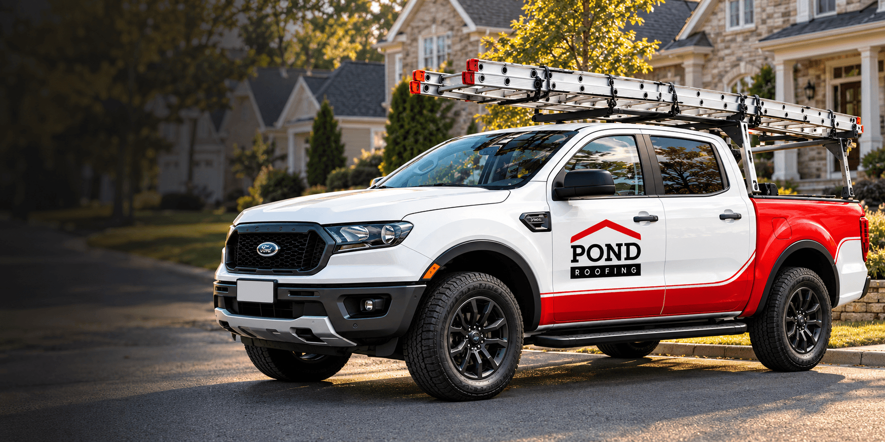 Pond Roofing work truck, a white and red Ford pickup with roof rack and ladder, parked in a residential driveway