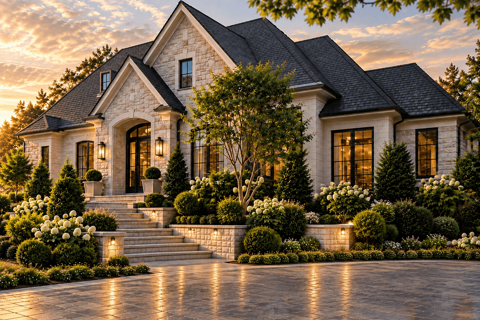 Luxury stone home with dark roof and arched entryway, illuminated at dusk with landscaped white hydrangeas, shrubs, and lit driveway