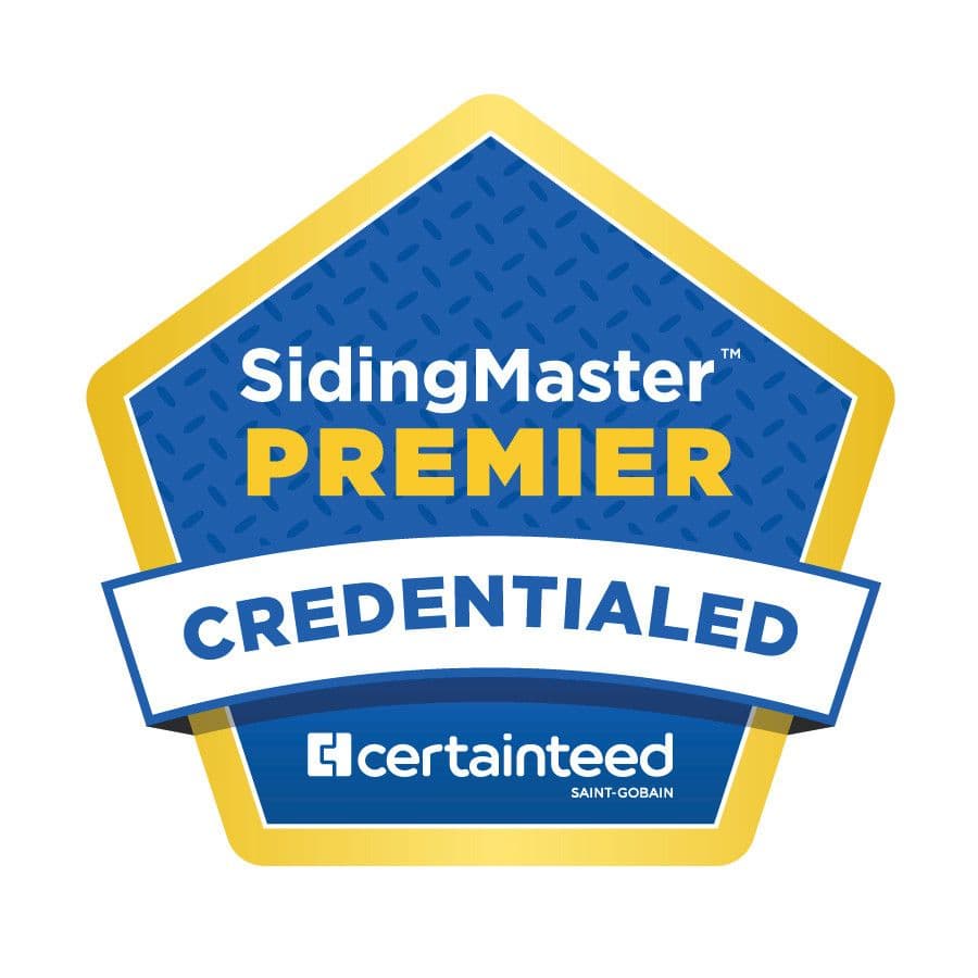 SidingMaster Premier Credentialed badge from Certaineed Saint-Gobain, indicating certified siding contractor qualification