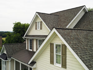 Home with cream siding and brown asphalt roof shingles