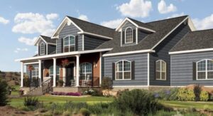 Large suburban home with blue fiber cement siding 